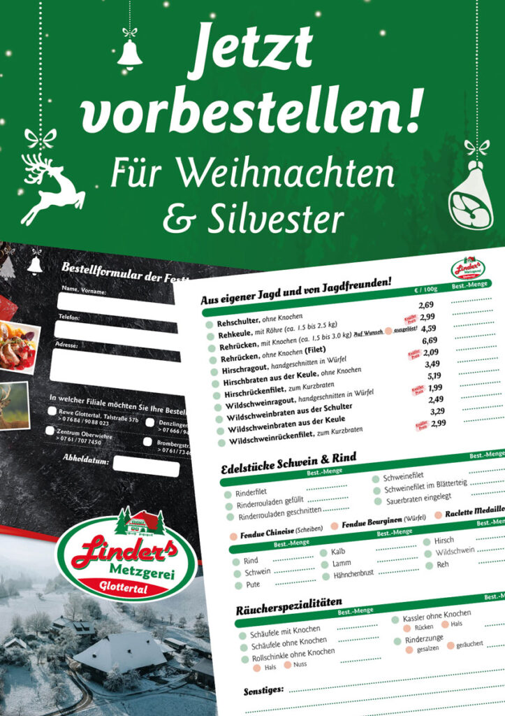 Ein Formular zum Bestellen von Fleisch- und Metzgerwaren von der Metzgerei Linder in Glottertal Denzlingen und Freiburg mit Bildern von Schneelandschaften im Schwarzwald und Grafiken zu Weihnachten, Rentiere und Schinken